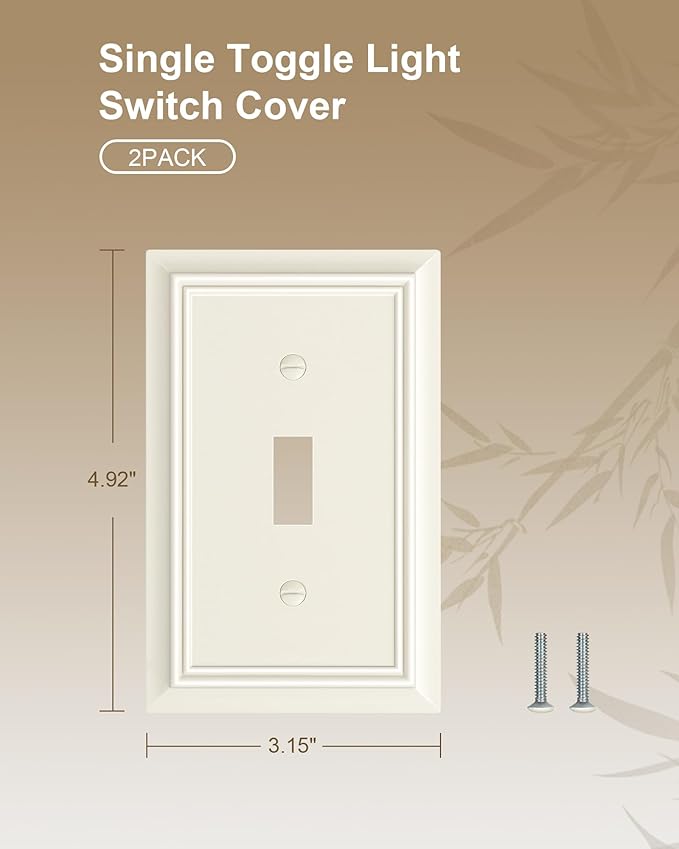 2-Pack Single Toggle Light Switch Cover Plate, Durable Natural Bamboo Fiber Decorative Switch Plate Covers, Light Almond 1 Gang Wall Plate, Corrosion Resistant