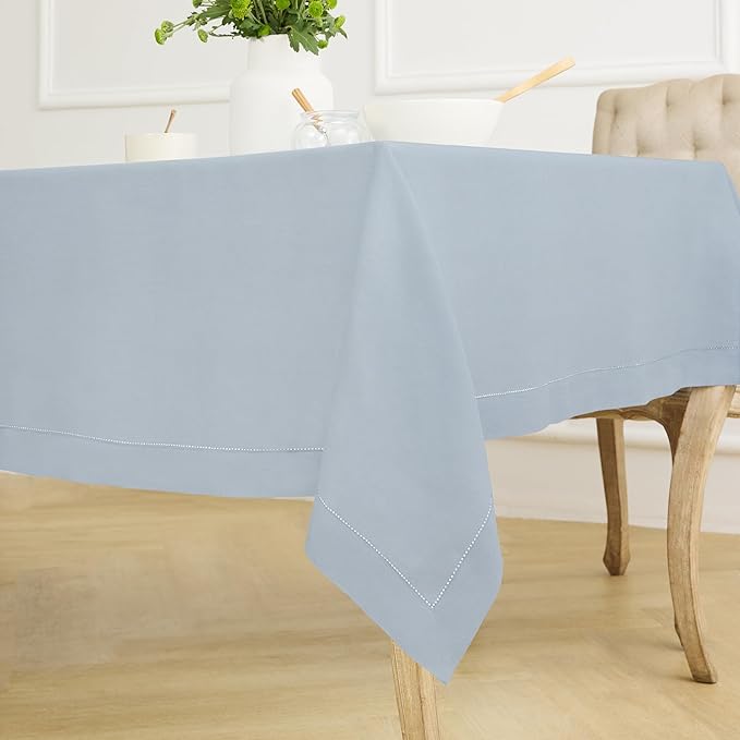 Solino Home Dusty Blue Linen Tablecloth 60 x 108 Inch - 100% Pure Linen Hemstitch Table Cloth for Rectangle Tables - Classic Hemstitch, Machine Washable Tablecloth for Winter, Spring, Easter