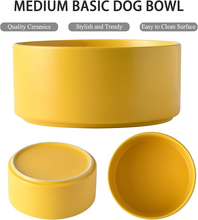 6'' Ceramic Dog Bowl - 30Oz Classic Dogs Food & Water Bowl for Small and Medium Breed Dogs, Heavy Duty Non-Slip Dog Dishes, Food Grade Stoneware Pet Bowl, Dishwasher & Microwave Safe, Yellow