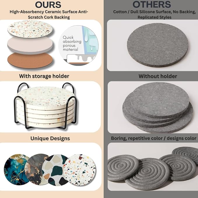 Ceramic Absorbent Coasters Set of 6 with Holder, Marble Drink Coasters for Coffee Table, Water-Absorbing Stone Coasters (Flowers Floral Design)