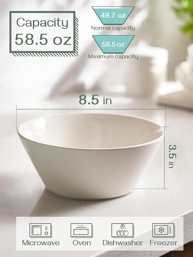 DOWAN 58.5 OZ Large Ceramic Salad Bowls Set of 4 - Microwave & Dishwasher Safe, Ideal for Salad, Fruit, Pasta, Snacks, Oatmeal - Soup Bowls Set for Restaurant, Party, Daily Use, Wedding, Soft White