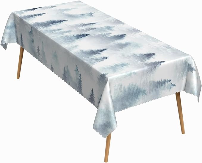 70x140 Inch Nordic Winter Nature Rectangle Tablecloth Misty Foggy Pine Trees Forest Table Cloth Waterproof Stain Resistant Table Cover for Kitchen Dining Picnic BBQ Home Holiday Party