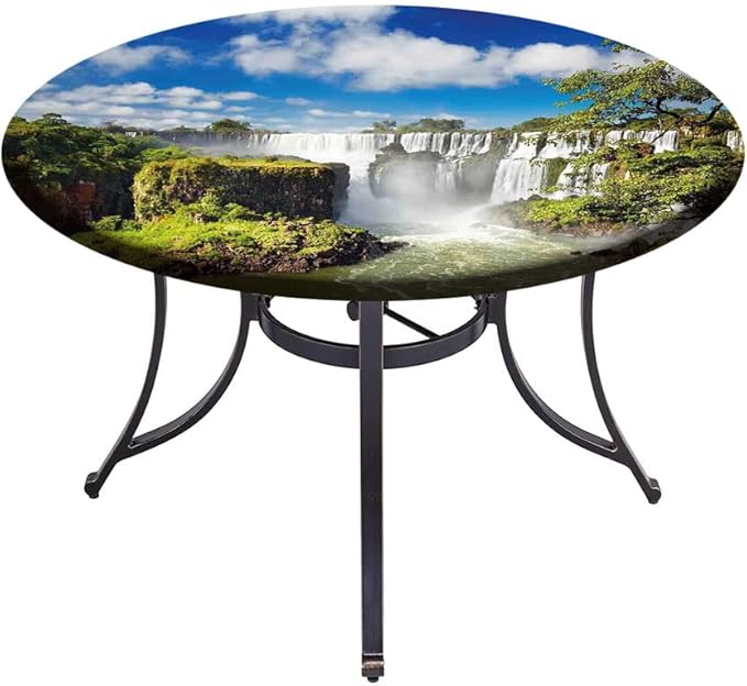 Round Edge Closing Tablecloth, Landscape Elastic Edged Tablecloth, Majestic Waterfall River Argentinean Falls Natural, Fit Round Tables 28inch Diameter, for Dining Room/Party/Banquet Decoration