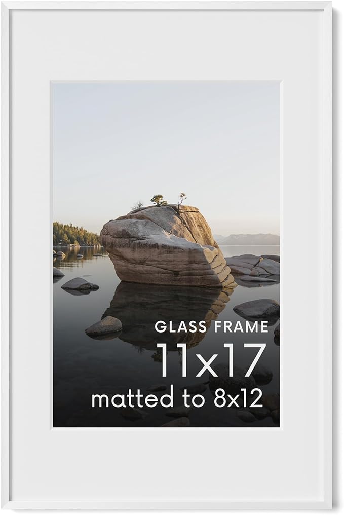 HAUS AND HUES 11x17 Picture Frame with Real Glass & White Premium-Grade Metal Matted to 8x12 - Aluminum 17 by 11 frame - Includes Hanging Kit - Ideal for Home, Office (11x17 in, White)