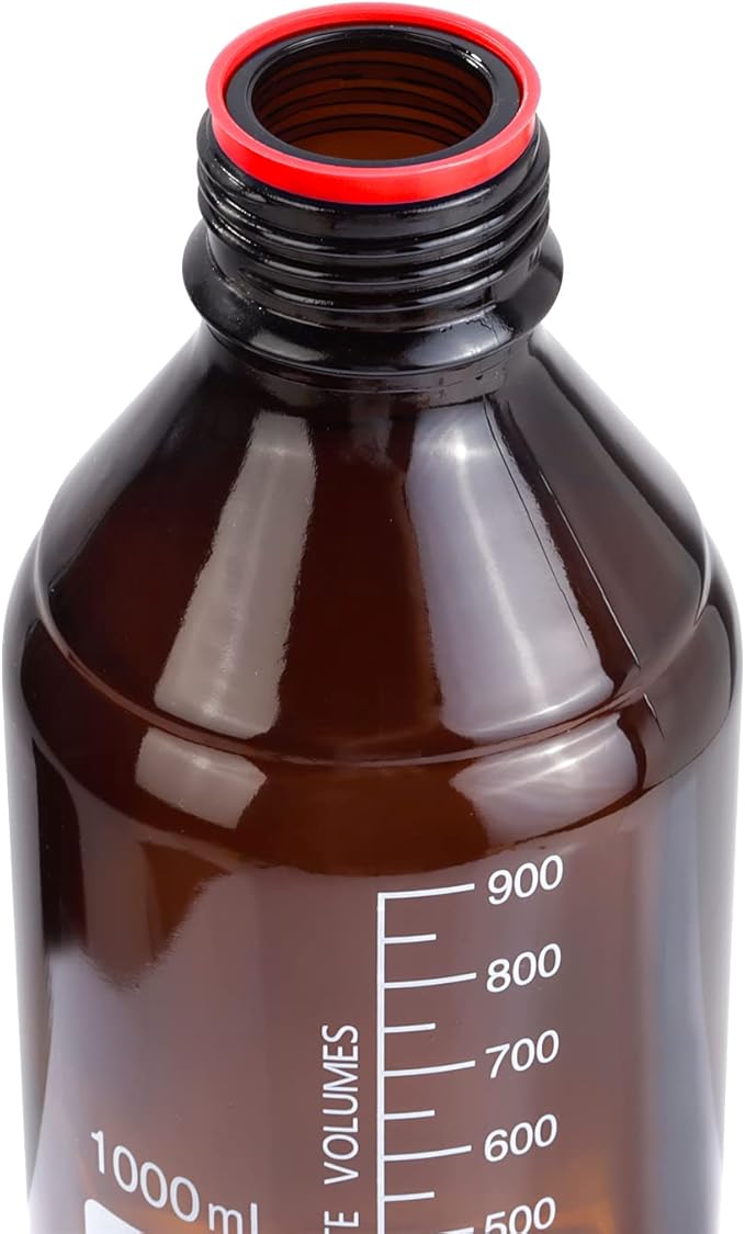 4 Pieces Amber Glass 1000 mL Graduated Round Lab Reagent Media/Storage Bottle With GL45 Red Screw Cap
