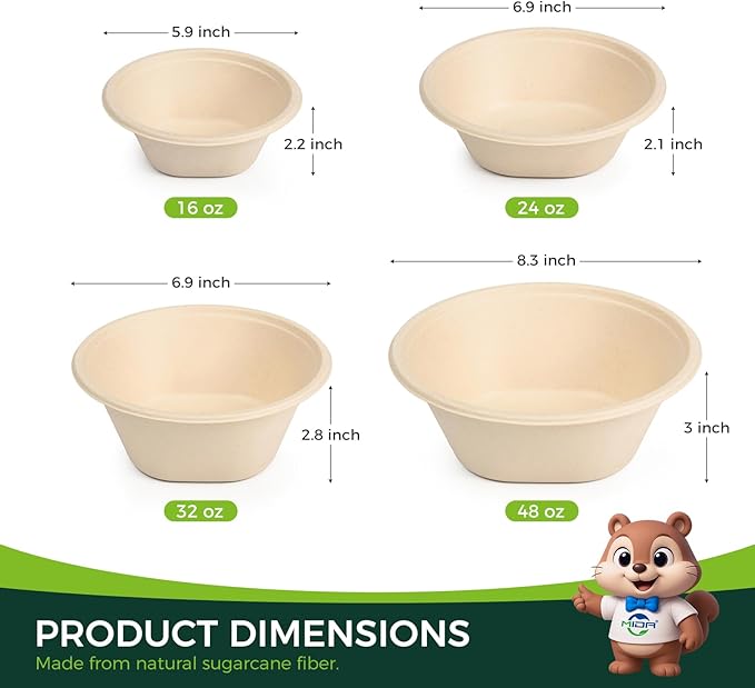 16 Oz [100 Pack] Small Disposable Paper Bowls - Heavy Duty and 100% Compostable - Natural Bagasse Biodegradable Bowls for Chili,Ice Cream,Dessert