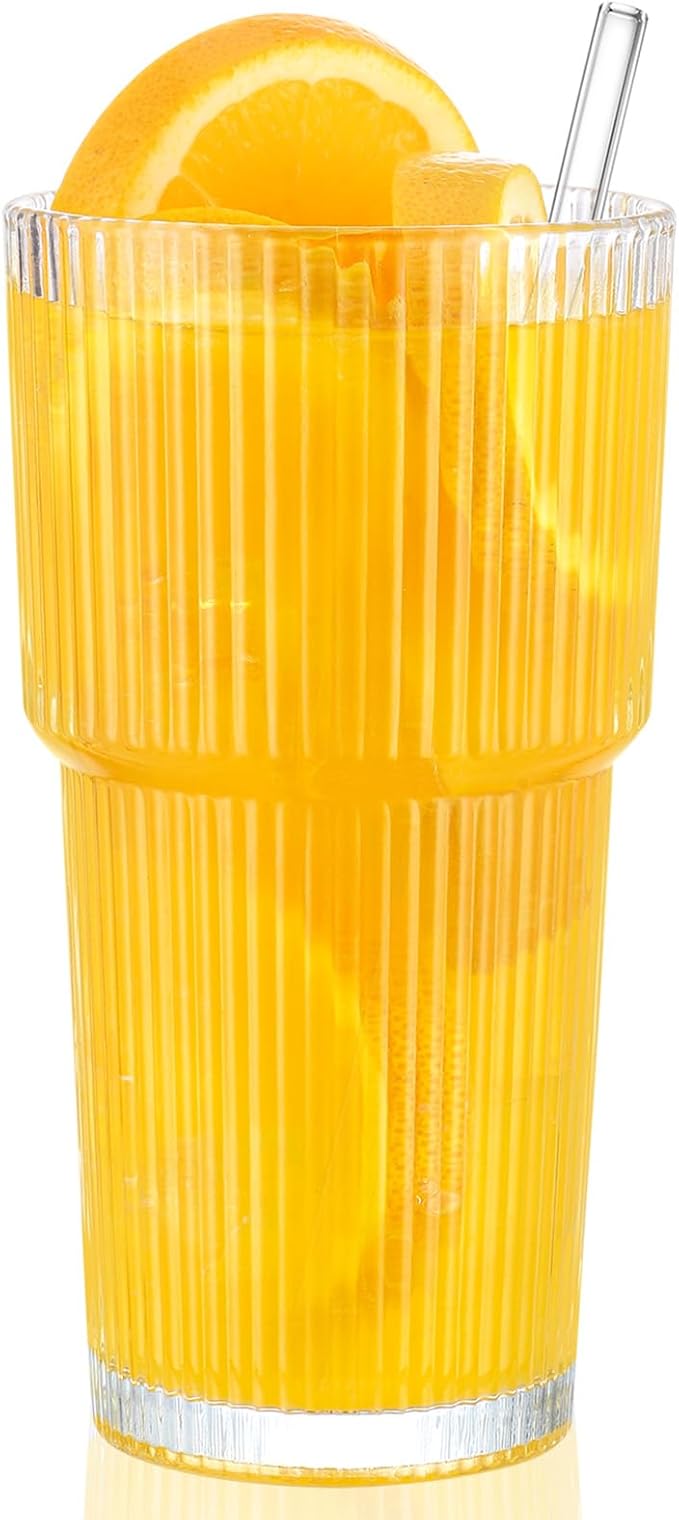 20 oz Glass Cup and Straw 3 Set, Glass Tumbler with Straw, Vintage Glassware for Whiskey Cocktail Beer, Iced Coffee Cups (3 PACK)