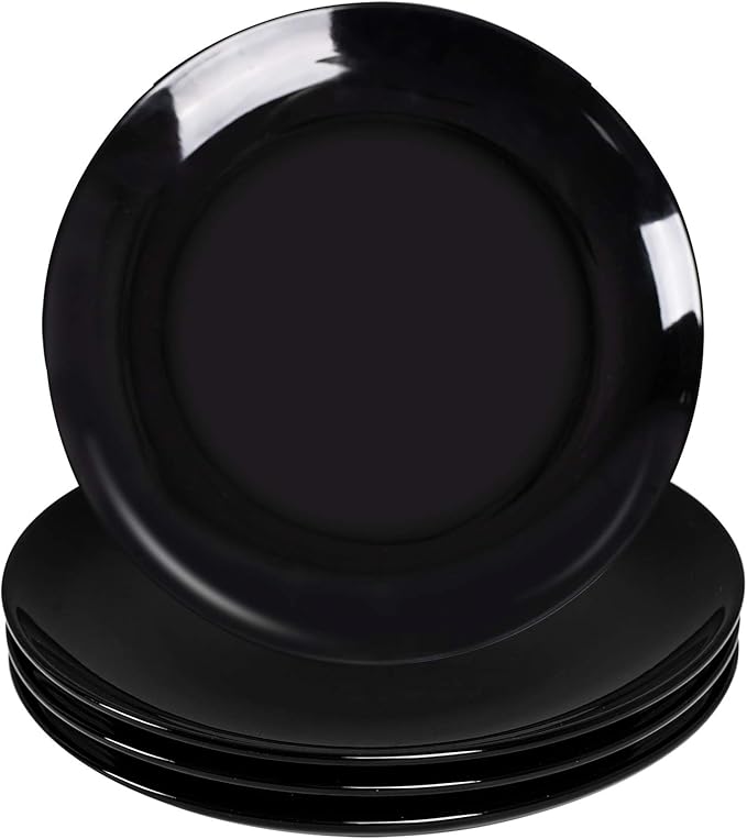 DELLING 10 inch Black Dinner Plates Set, Porcelain Dessert/Salad Plate, Serving Dishes, Dinnerware Sets, Scratch Resistant, Lead-Free, Microwave, Oven, and Dishwasher Safe - Set of 4