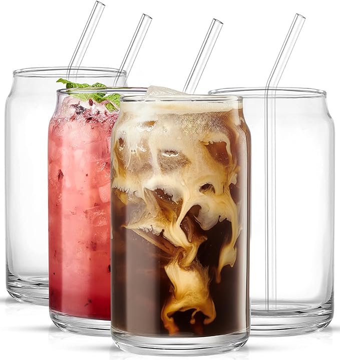 Le'raze Set of 4 Patented Can Shaped® Drinking Glasses with Glass Straws - 16oz Iced Coffee & Tea Glass Cups, Clear Whiskey Soda Tumblers, Beer Glasses.