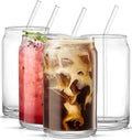 Le'raze Set of 4 Patented Can Shaped® Drinking Glasses with Glass Straws - 16oz Iced Coffee & Tea Glass Cups, Clear Whiskey Soda Tumblers, Beer Glasses.