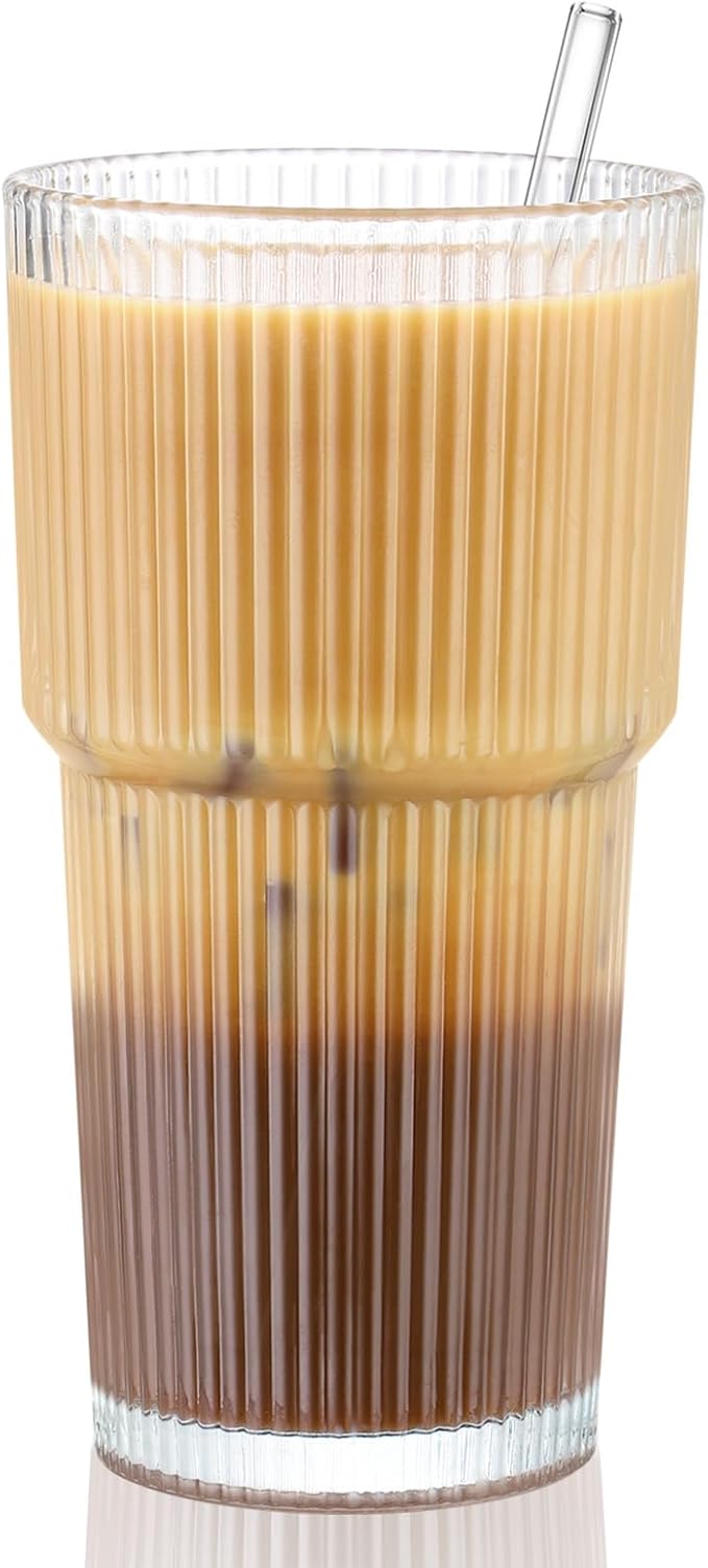 20 oz Glass Cup and Straw, Glass Tumbler with Straw, Vintage Glassware for Whiskey Cocktail Beer, Iced Coffee Cups (1 PACK)