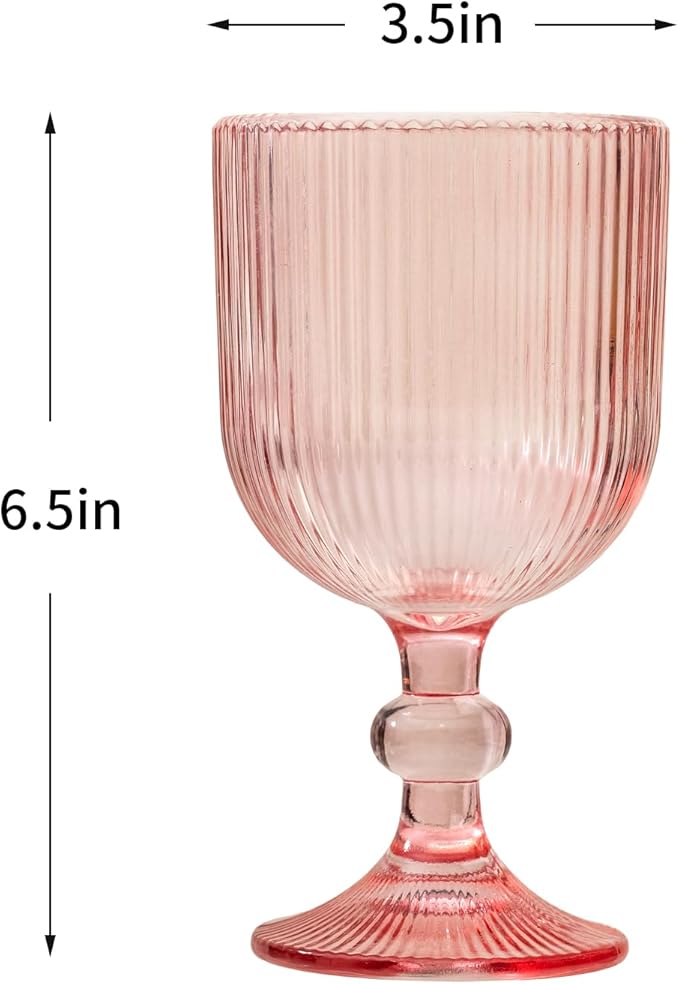 24 Pcs Pink Vintage Wine Glasses, 11 Ounces Colored Glass Water Goblets, Unique Embossed Pattern High Clear Stemmed Glassware Wedding Party Bar Glass Drinking Cups Fancy Glasses Set Hand Wash Only