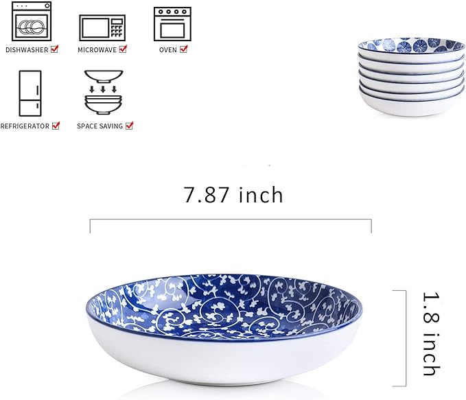 Selamica Porcelain Salad Pasta Bowls, Serving bowls, Microwave & Dishwasher Safe, Sturdy & Stackable - 26 Ounce, Set of 6, Vintage Blue