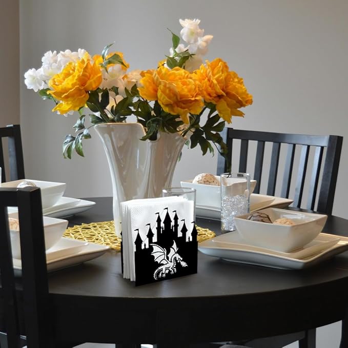 Dragon in Castle Decorative Black Metal Napkin Holder for Table, 4.9" x 4.9" x 1.9" Standing Napkin Holder for Home Kitchen Restaurant Picnic Party Coffee Bar Dining Room