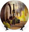 Decorative Plates, Wine Print Ornament, Red and White Wine Bottle Glass on Wooden, 10 Inch, Kitchen Wall Decor, Brown Light Green Yellow