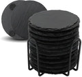 12 Pack Slate Drink Coasters with Metal Holder, VIBRATITE 4 Inch Black Slate Stone Coasters Bulk Laser Engraving Blanks with Anti-Scratch Bottom for Drink Coffee Bar Kitchen Home Decor, Round