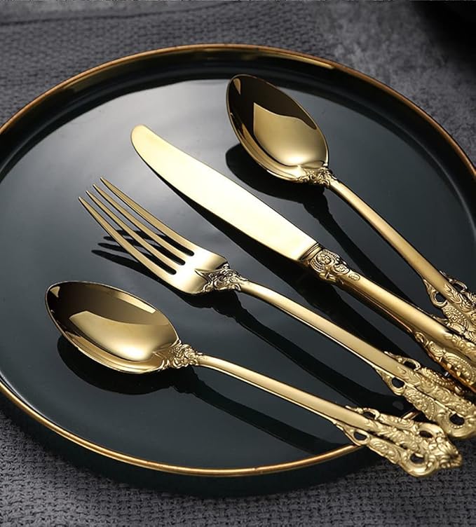 Gold Silverware Set for 10 Durable 18/10 Stainless Steel Flatware Set Palace Style Modern Cutlery Utensils Set 40 Piece Include Knives Forks and Spoons Tableware Set for Home Kitchen Restaurant