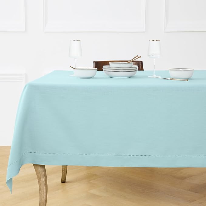 Solino Home Linen Tablecloth for Rectangle Tables 60 x 90 Inch - Classic Hemstitch 100% Pure Linen Aqua Blue Table Cloth - Machine Washable Cloth Tablecloth for Spring, Easter