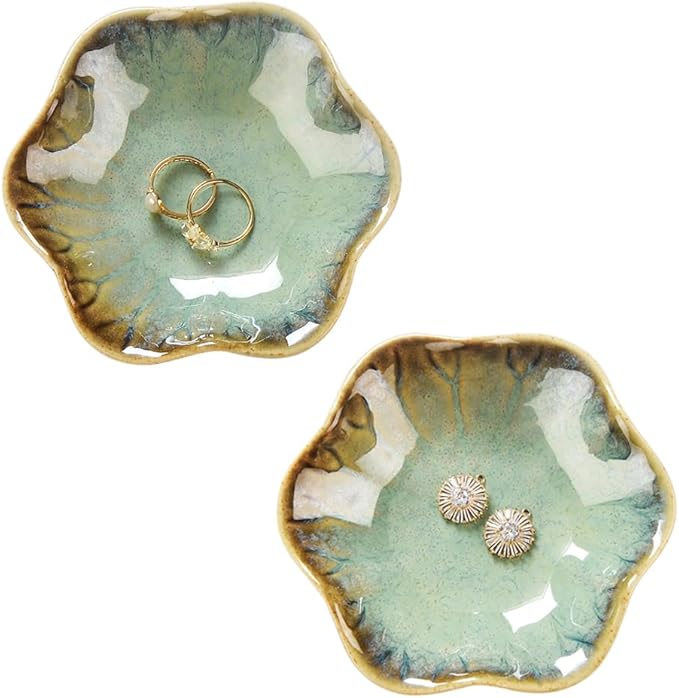 2PCS Ring Holder Dish, Small Key Bowl, Ceramic Trinket Tray Jewelry Dish Organizing Necklace Earrings for Mom Friend Sister, All Jewelries Are NOT Included. Crystal Green.