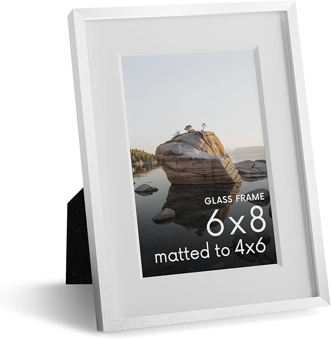 HAUS AND HUES 6x8 Picture Frame with Real Glass & White Premium-Grade Metal Matted to 4x6 - Aluminum 6x8 Picture Frame - Includes Easel Back, Hanging Kit - Ideal for Home, Office (6x8 in, White)