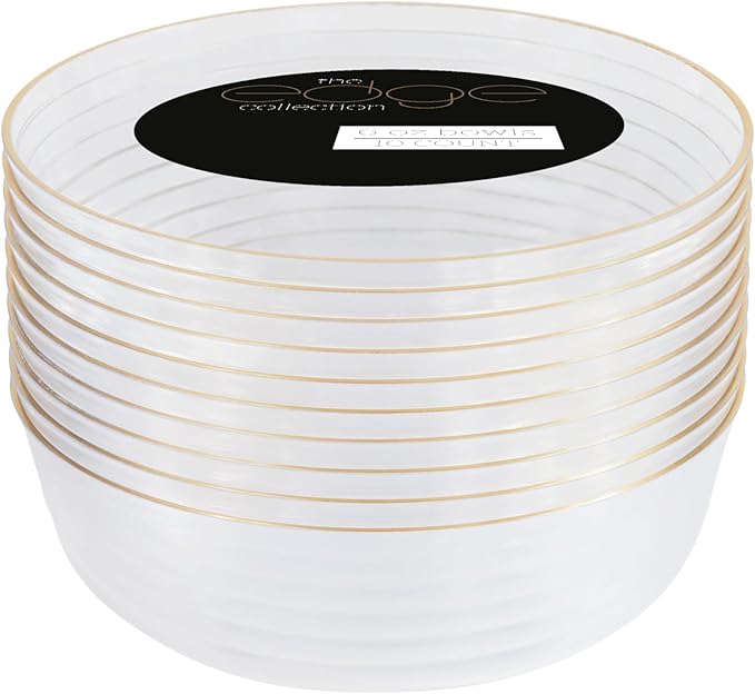 PLASTICPRO [30 Pack 6 OZ Bowls Edge Collection Clear with Gold Rim Plastic Party Dessert Bowls Premium heavyweight Elegant Disposable Tableware Dishes