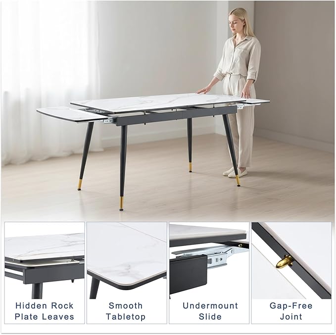 Extendable Dining Table Set for 6, 55'' to 78.8'' Rectangular Thickened Sintered Stone Kitchen Table with 6 Upholstered Chairs, Modern Space Saving 7-Piece Dinner Table Set