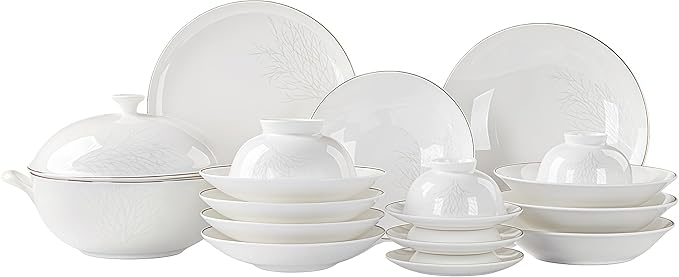 Fine Bone China Dinnerware Set,Porcelain&Ceramic Dinnerware Sets,Bone Stoneware&Ceramic Cookware Tableware Set Includes Dinner Plates|Spoons|Pasta Bowls|Soup Pot|Chopsticks (28PCS * 6-Person Set)