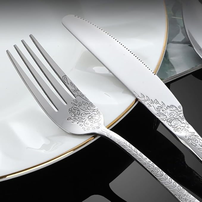 40-piece flowers Gold TWEE Silverware Set for 8, Palace Style Stainless Steel Flatware Cutlery Serving Utensils, Eating Tableware for Home Kitchen Hotel Restaurant, Mirror Polished