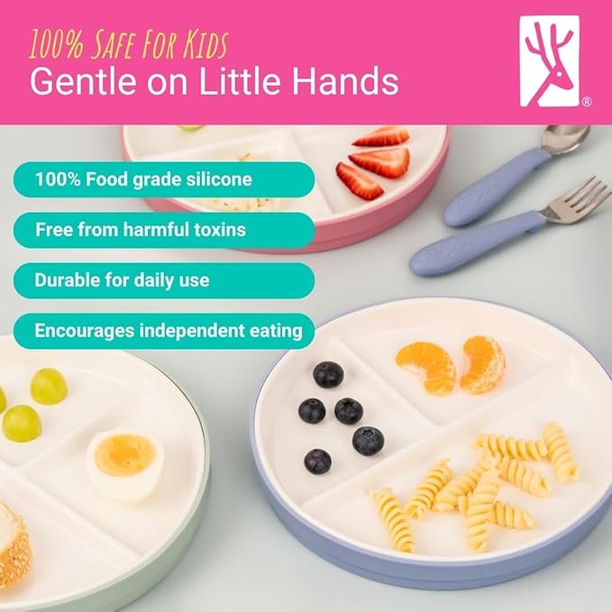 Elk and Friends Kids 7.8” Porcelain White Plates with Silicone Sleeves + Lids | Divided Plates | Suitable for Kids/Toddlers | Microwave & Dishwasher Safe | Non Slip | Snack Dishes…
