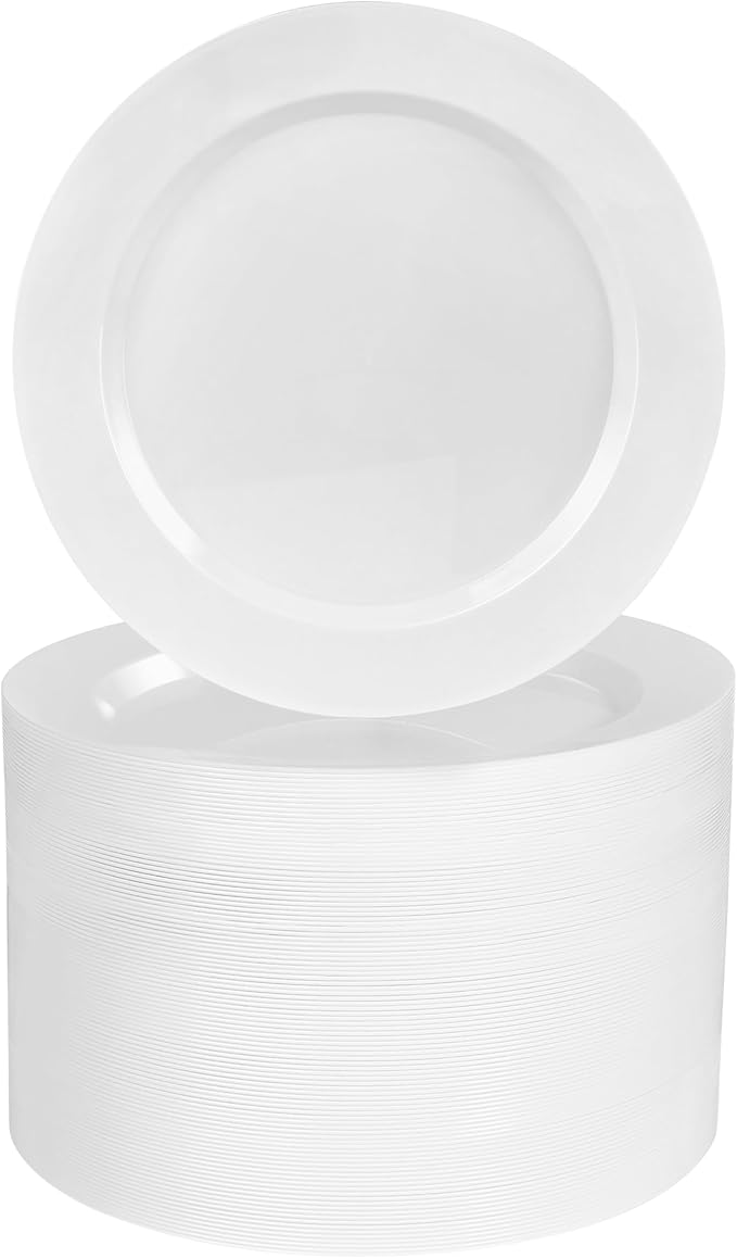 BESTVIP 100PCS 7 Inch White Plastic Dessert Plates, Disposable Plate for Appetizers, Small Cakes, Small Heavy Duty Disposable Plastic Plates for Parties, Wedding, Christmas, Thanksgiving and Birthday