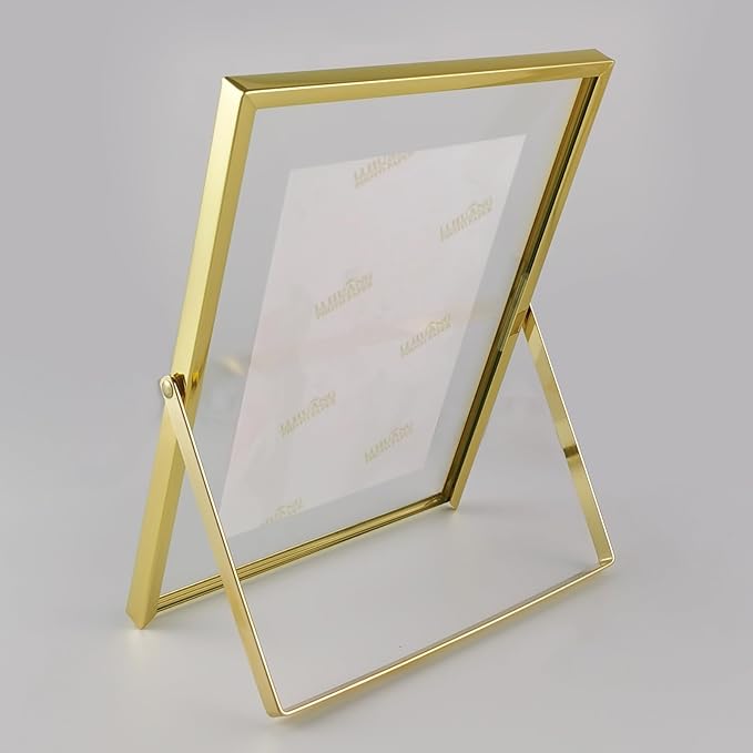Gold Floating Picture Frames - Set of 3, for Photo Size 4×4, 4×6, 5×7, Vertical Tabletop Display, Double Glass Metal Frame for Wedding, Home or Office Desk Decoration (Gold)