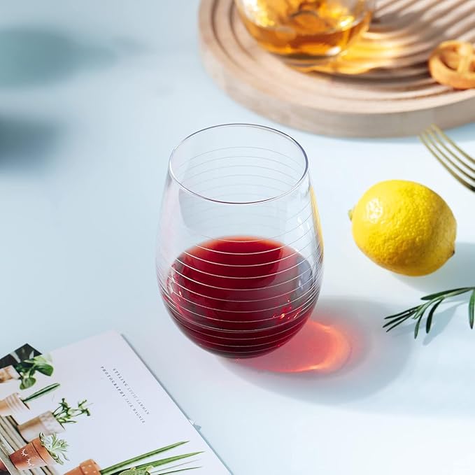 Set of 4 Crystal Stemless Wine Glasses with Etched Dots and Stripes Pattern, 17.5oz Elegant Glassware for Red Wine, Perfect for Weddings, Anniversaries, and Parties (Etched)