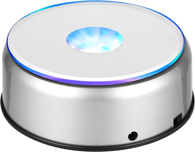 EUSTUMA Rotating LED Display Base Colorful Light Crystal Display Base Stand,Lighted Up Stand Color Changing Small LED for 3D Glass Crystal Art,Holiday Party Decoration. (A-Silver-Multicolor)