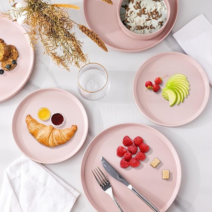 AmorArc Ceramic Dinner Plates Set of 6, 10.25 Inch Stoneware Plates for Kitchen,Modern Flat Dinnerware Dishes Set,Microwave& Dishwasher Safe, Scratch Resistant-Pink