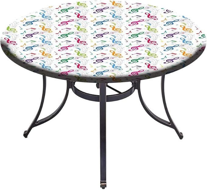 Round Tablecloth, Music Decor Tablecloth for Side Table, Notes on Circle Shape Geometric Background Carnival, Fit Round Tables 32inch Diameter, for Indoor Outdoor Fits, Multy