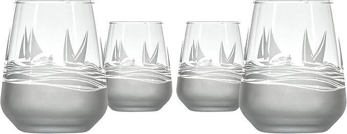 Rolf Glass Regatta Stemless Wine Tumbler 15.75 ounce | Proudly Made in the USA | Set of 4 Nautical Stemless Wine Glasses | Lead-Free Glass | Etched Tumbler Glasses