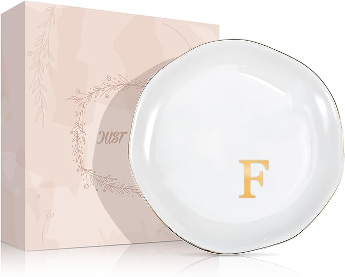 ProCase Ceramic Jewelry Tray, Initial Ring Dish Trinket Plate Engagement Gift, Small Personalized Monogram Ring Bowl for Wedding, White Decorative Jewelry Holder for Women Vanity -Letter F