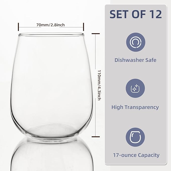Stemless Wine Glasses Set of 12, 17Oz Red/White Wine Glasses with No Stem, Clear Glassware Set for Red/White Wine, Dishwasher Safe, Ideal for Daily Use, Home Bar, Birthdays, Housewarming Gift