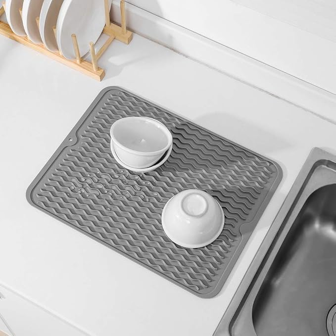 Silicone Dish Drying Mat for Multiple Usage,Easy clean,Eco-friendly,Heat-resistant Silicone Mat for Kitchen Counter or Sink,Refrigerator or drawer liner Grey L 16 inches x 12 inches