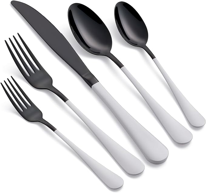 20-Piece Black Silverware Set 18/0 Stainless Steel Flatware White Handle Cutlery Set Service for 4 Dinner Knives Forks Spoons Set Mirror Finish Dishwasher Safe