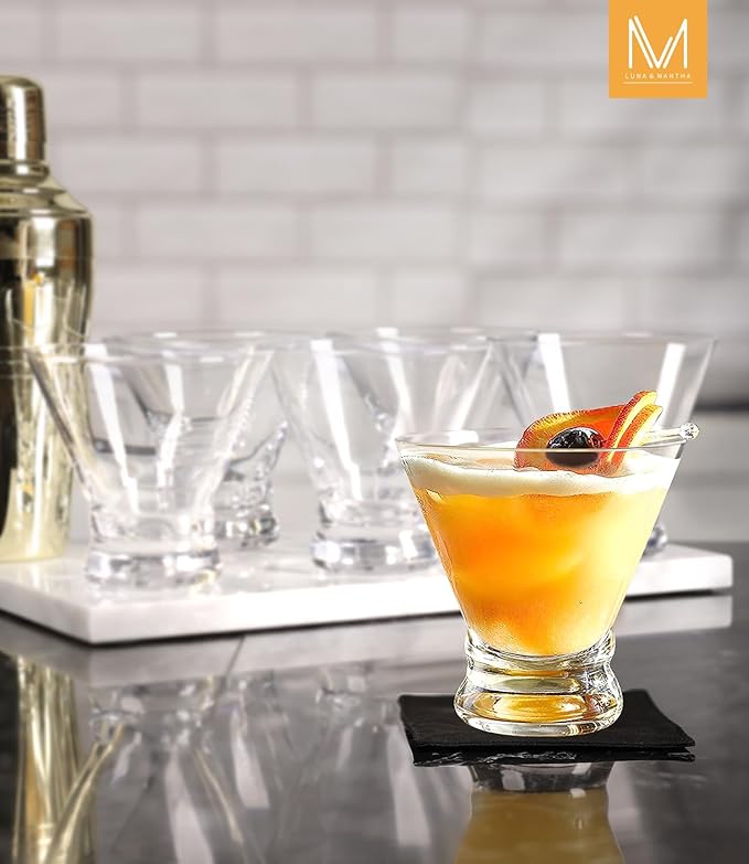 LUNA & MANTHA Martini Glasses Set of 6, Stemless Martini Cocktail Glasses for Margarita, Manhattan, Cosmopolitan, Home Bar, Evening Parties, Birthdays, Housewarming Gift, Crystal Clear 8 OZ