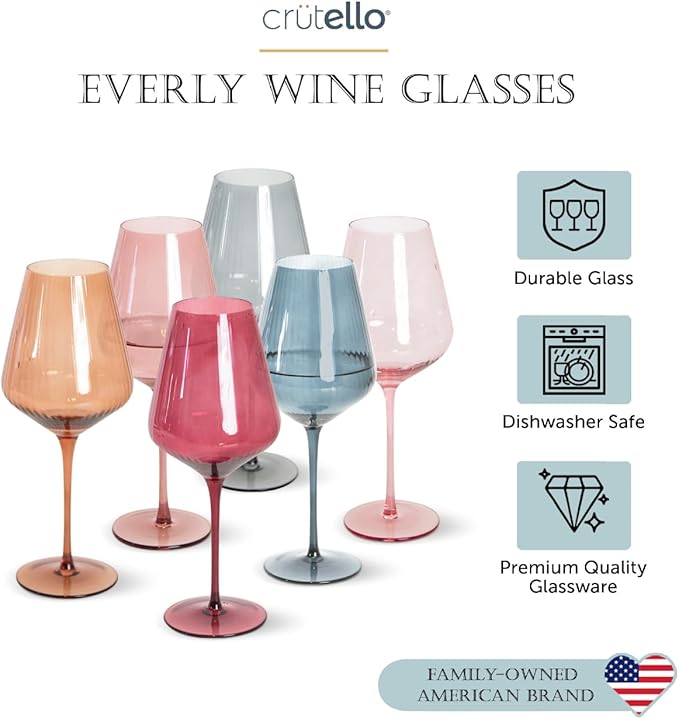 Crutello Modern Colored Wine Glasses 16 oz Glassware - Colorful Glasses Set of 6, Unique Fluted Colored Glassware with Ribbed Texture, Art Deco Red & Fancy White Wine Glass