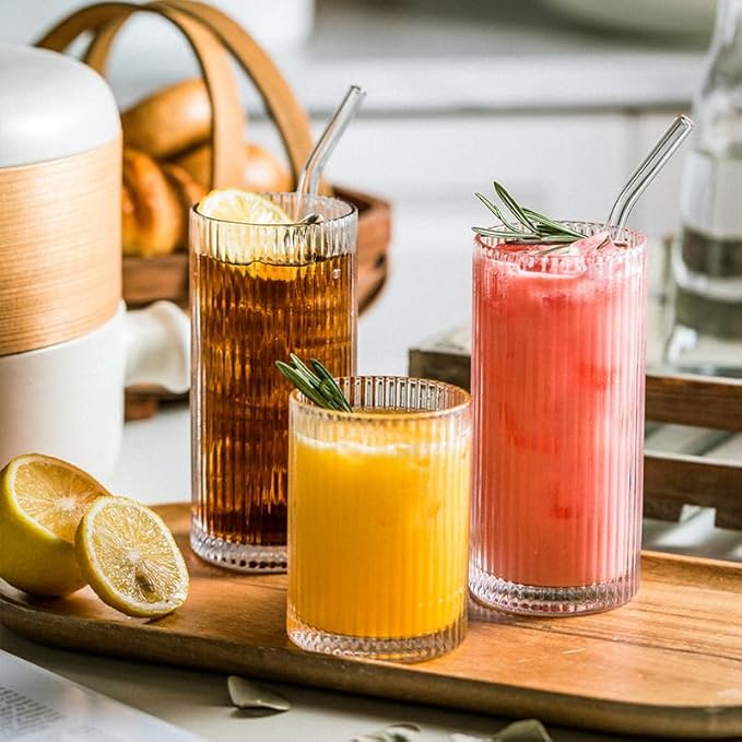 Drinking Glasses with Origami Style Set of 4 Glass Cups, 12 oz Ribbed Glassware, Highball Glass Cups, Elegant Art Deco Ripple Vintage Glassware, Juice Glasses, Ideal for Cocktail, Beer