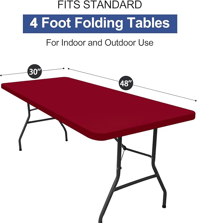 homing 2 Pack Rectangle Table Cloth, Elastic Fitted Fabric Tablecloth Fits for 4 Foot Folding Tables, Washable Table Cover for Picnic, Camping, Indoor & Valentine's Day (Wine Red, 30" x 48")