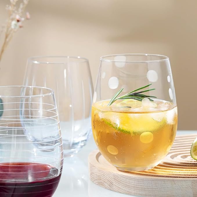 Set of 4 Crystal Stemless Wine Glasses with Etched Dots and Stripes Pattern, 17.5oz Elegant Glassware for Red Wine, Perfect for Weddings, Anniversaries, and Parties (Etched)