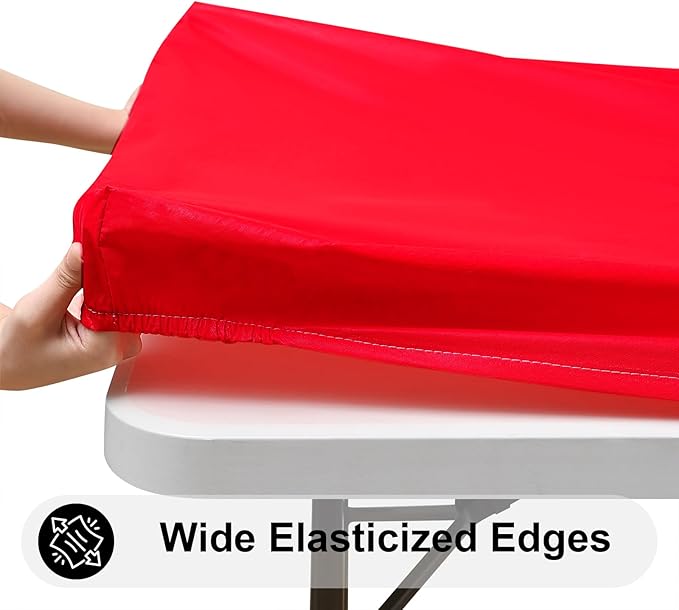 Smiry Rectangle Tablecloth, Elastic Fitted Flannel Backed Vinyl Tablecloths for 8ft Folding Tables, Waterproof Wipeable Table Covers for Indoor, Outdoor, Picnic and Camping (Red, 30"x96")