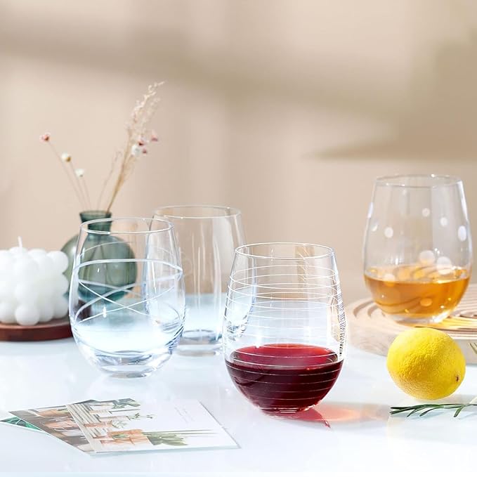 Set of 4 Crystal Stemless Wine Glasses with Etched Dots and Stripes Pattern, 17.5oz Elegant Glassware for Red Wine, Perfect for Weddings, Anniversaries, and Parties (Etched)