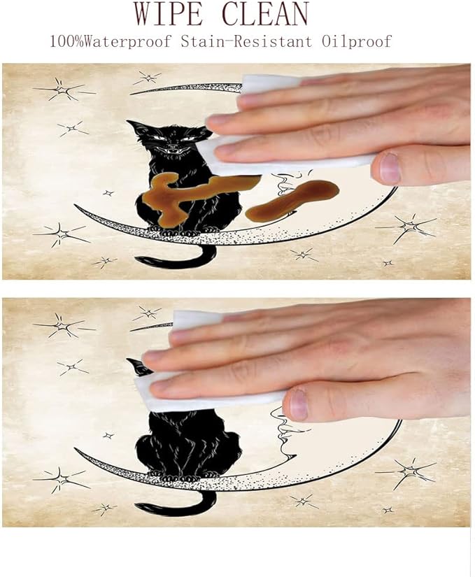Polyester Tablecloth, Moon Waterproof Oil-Proof PVC Table Cloth, Black Cat Sitting on White Crescent Moon, Fit Round Tables 56inch Diameter, for Holiday Dining Table/Dinner/Party, Sand Brown Black