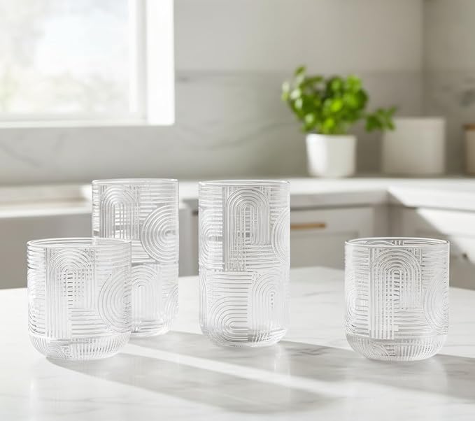Glaver's Urban 8-Piece Premium Textured Glassware Set. 4 Highball 17oz Drinking Glasses and 4 DOF 13.2 oz Whiskey Glass Tumblers – Elegant Ribbed Arch Textured Design for Water, Juice, Cocktails.