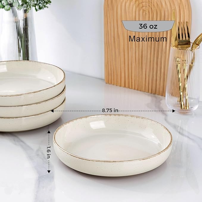 AmorArc 8.75'' Large Ceramic Pasta Bowls, 36oz Handpainted Stoneware Bowls Set of 4, Microwave&Dishwasher Safe Bowls with Wavy Rim&Rustic Terracotta Underside for Pasta Salad, Handbrush Rim